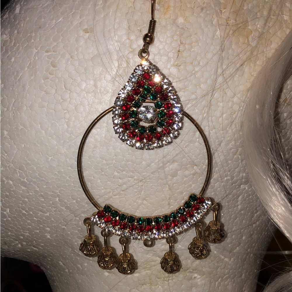 Gold-Tone Hoop Earrings with Red & Green Crystals